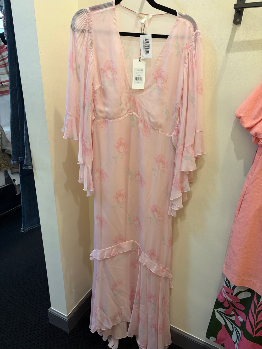 LoveShackFancy Pale Pink Floral Chiffon Maxi Slip Dress